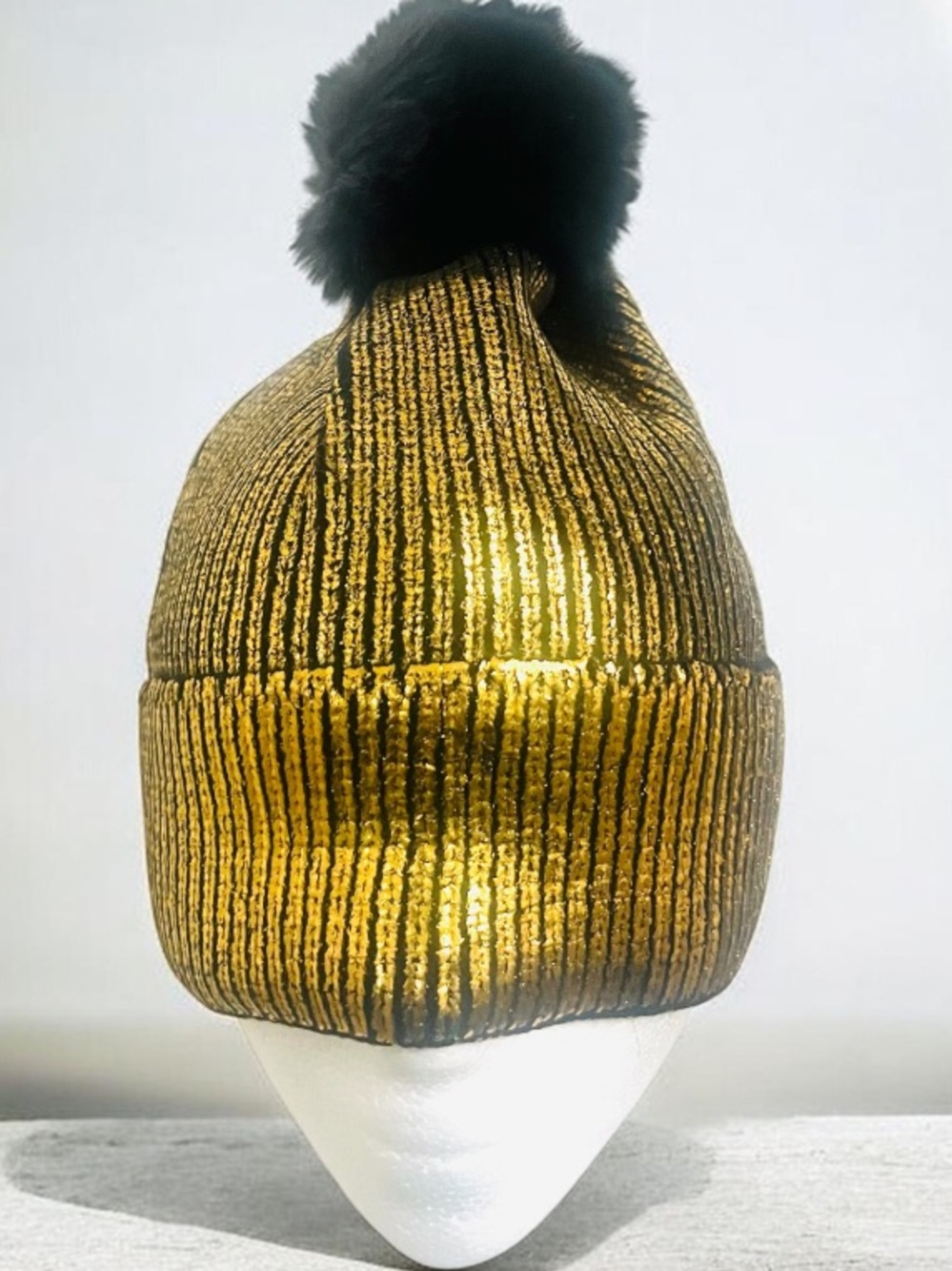 🔥🆕METALLIC Gold Beanie with Black Pom-Pom Beanie